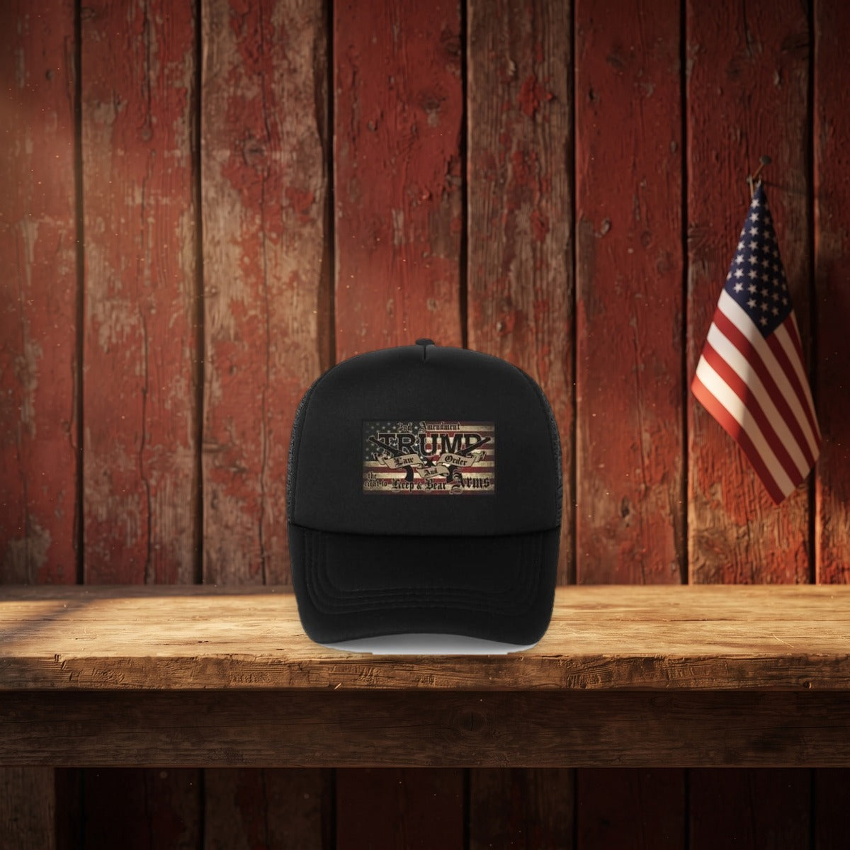 2nd Amendment Trump Hat on a rustic barn shelf with a small flag