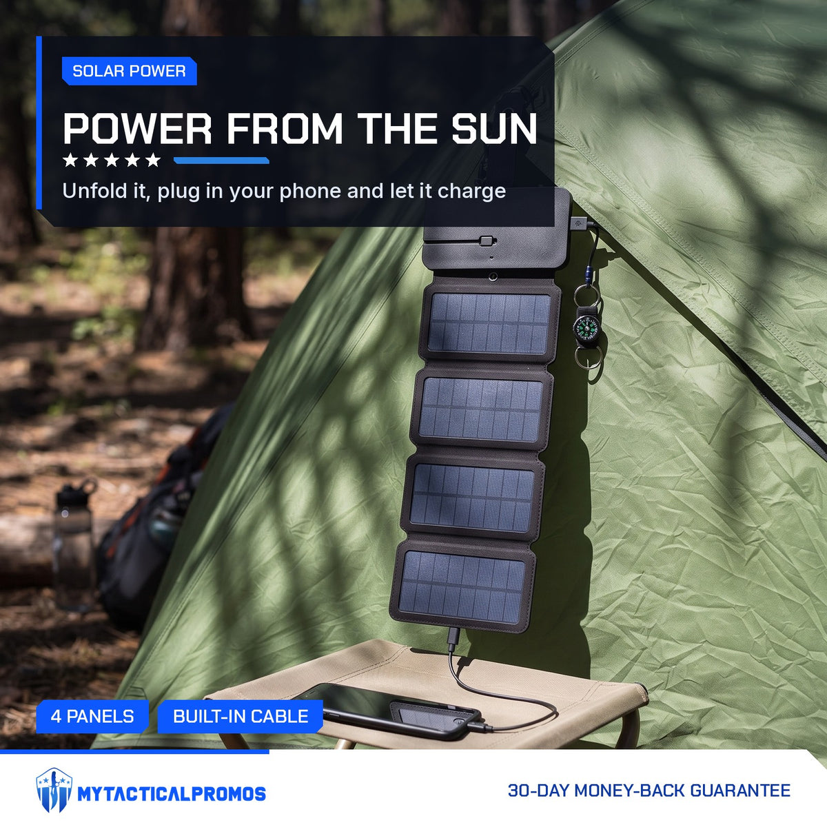 4 Panel Solar Charger hanging from a tent at a sunny campsite, charging a phone