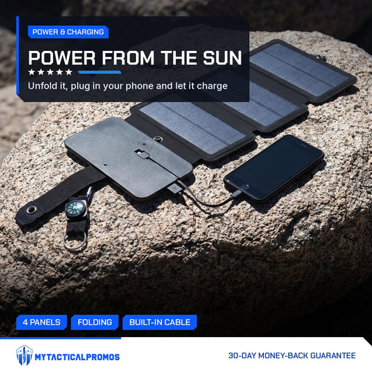 4 Panel Solar Charger unfolded on a rock charging a phone