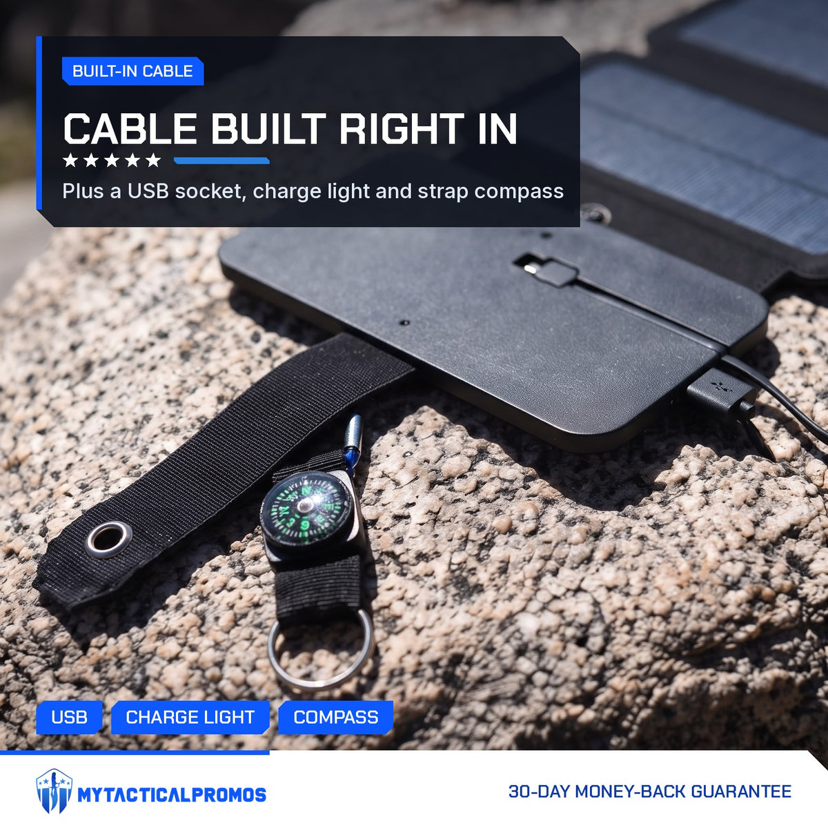 4 Panel Solar Charger control flap with built-in cable and strap compass on a rock