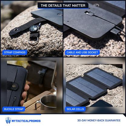 4 Panel Solar Charger close-ups: strap compass, built-in cable and USB socket, buckle strap, solar cells