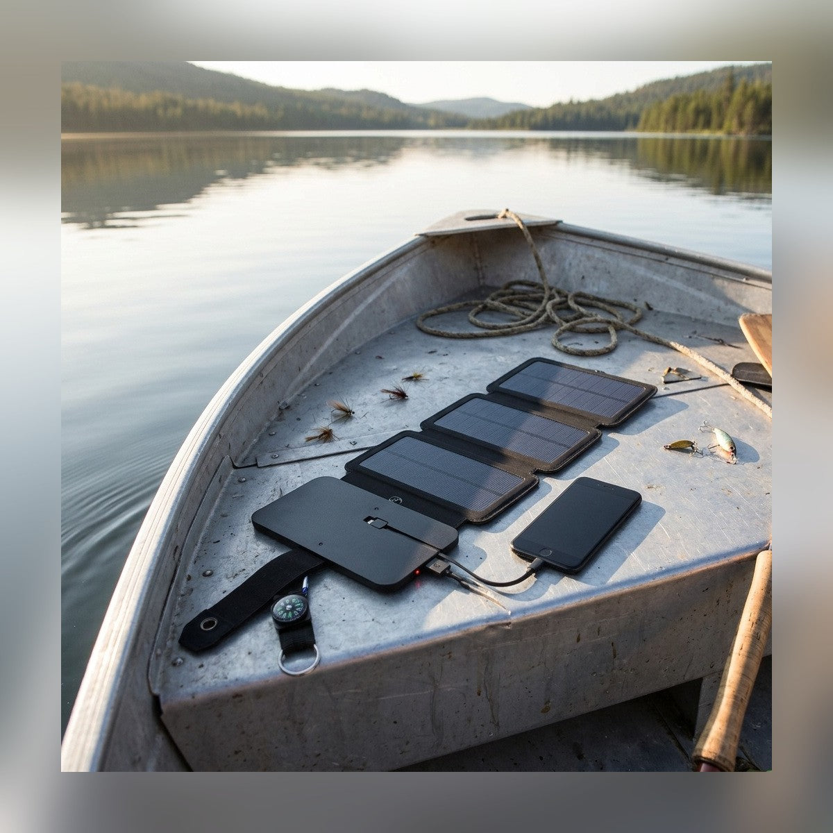 4 Panel Solar Charger on the deck of a fishing boat, charging a phone