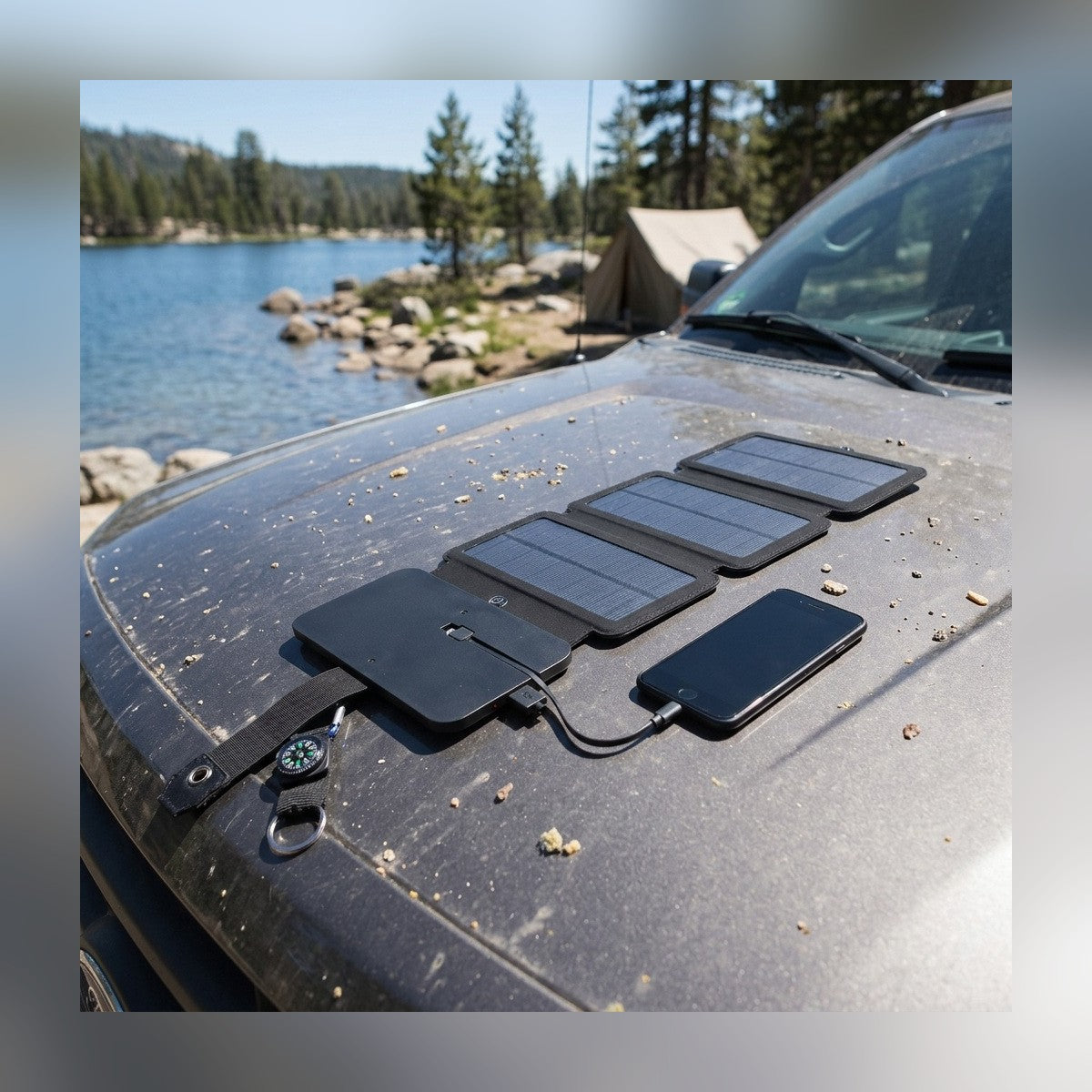 4 Panel Solar Charger on a truck hood at a lakeside campsite, charging a phone