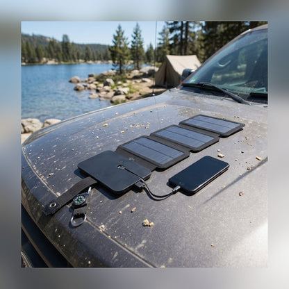 4 Panel Solar Charger on a truck hood at a lakeside campsite, charging a phone