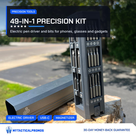 49-in-1 Electric Precision Screwdriver Set standing open outdoors with bit rows visible
