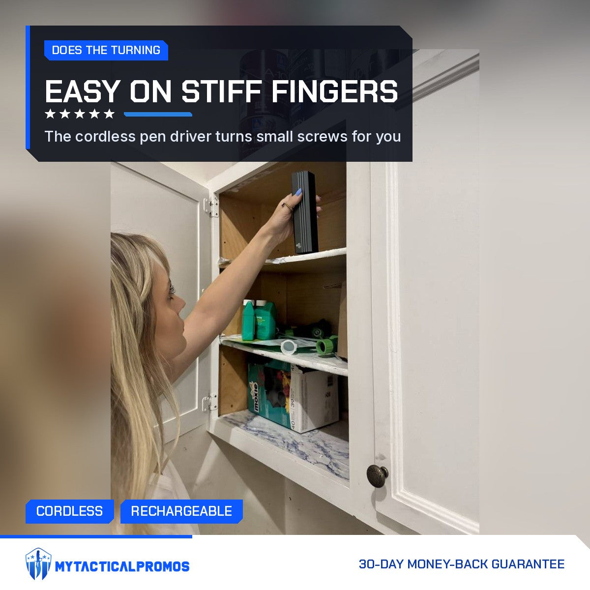 Woman using the electric pen driver on a cabinet hinge