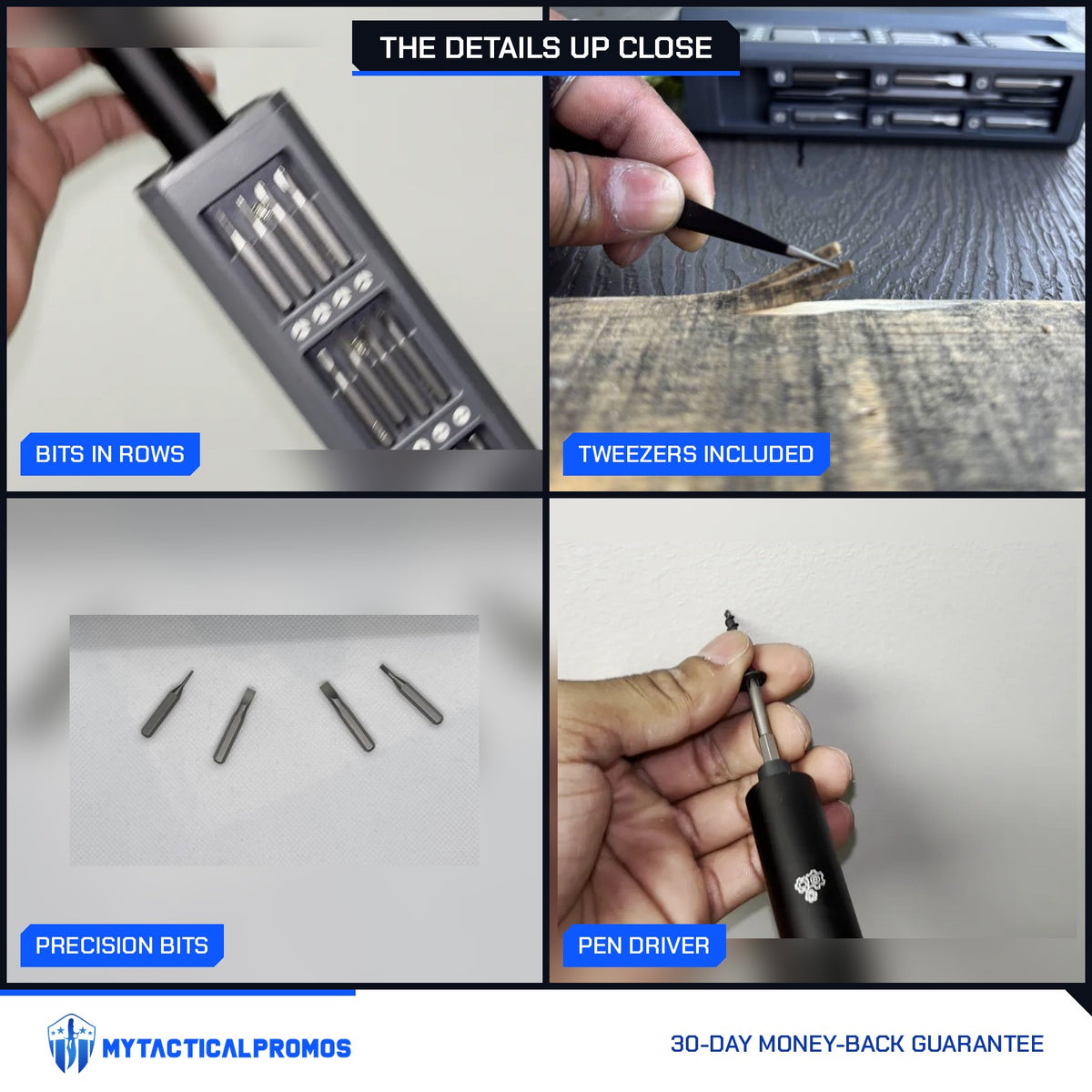 49-in-1 Electric Precision Screwdriver Set close-ups: bits in rows, tweezers, precision bits, pen driver