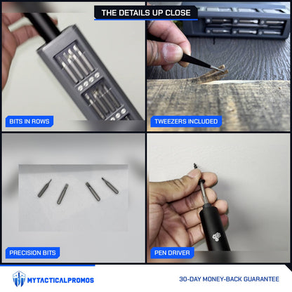 49-in-1 Electric Precision Screwdriver Set close-ups: bits in rows, tweezers, precision bits, pen driver