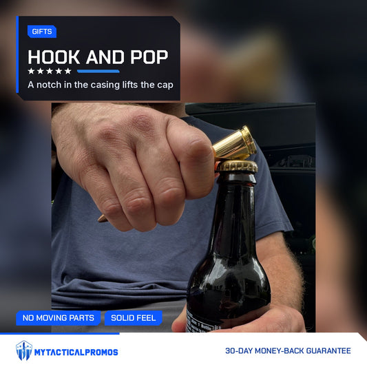 50 Cal Bullet Bottle Opener lifting the cap off a bottle