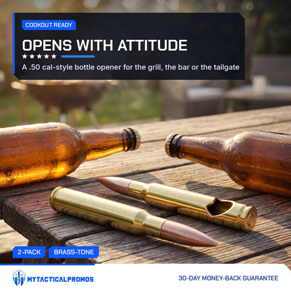 50 Cal Bullet Bottle Openers on a picnic table beside open bottles at a backyard cookout