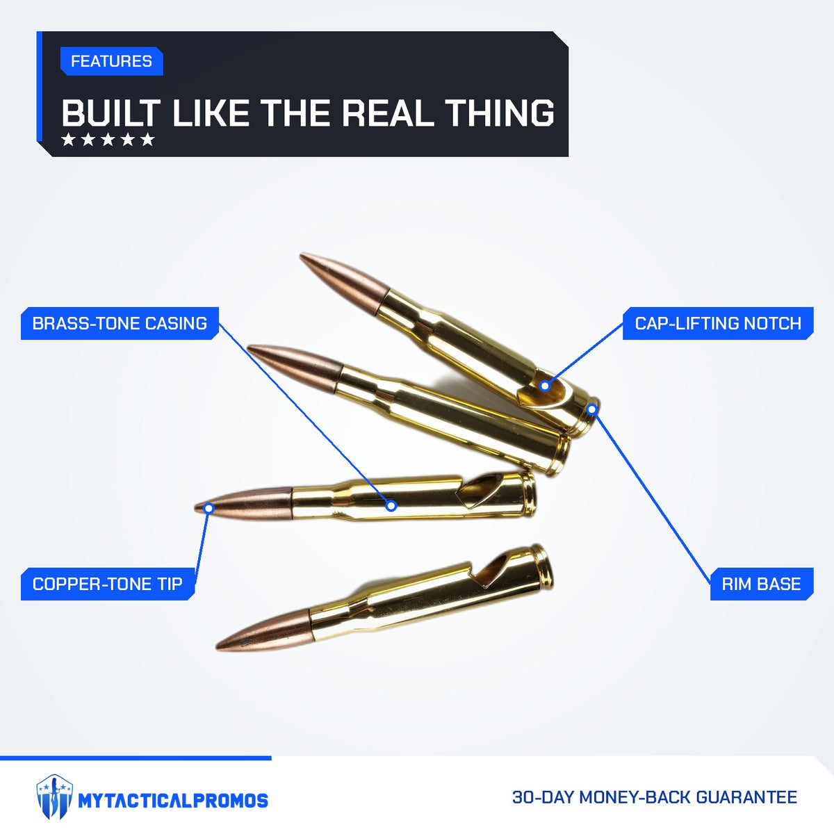 50 Cal Bullet Bottle Opener features labeled: copper-tone tip, brass-tone casing, cap-lifting notch, rim base