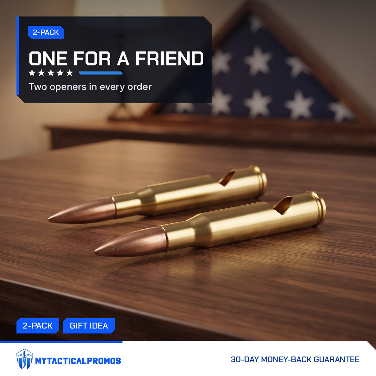 Two 50 Cal Bullet Bottle Openers on a wooden table with a flag display case