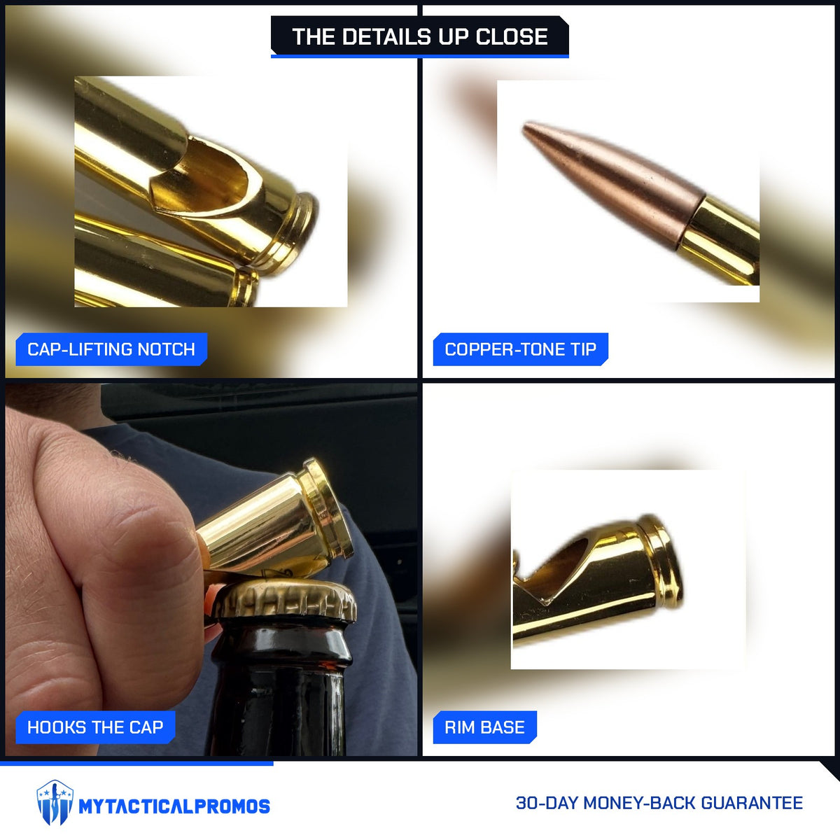 50 Cal Bullet Bottle Opener close-ups: cap-lifting notch, copper-tone tip, hooking a bottle cap, rim base