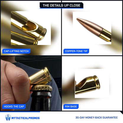 50 Cal Bullet Bottle Opener close-ups: cap-lifting notch, copper-tone tip, hooking a bottle cap, rim base