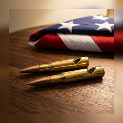 Two 50 Cal Bullet Bottle Openers in front of a folded American flag