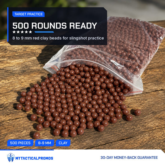 500 Clay Slingshot Beads spilling from a zip bag onto a wooden table
