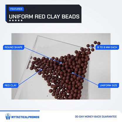 500 Clay Slingshot Beads features labeled: red clay, round shape, 8 to 9 mm each, uniform size