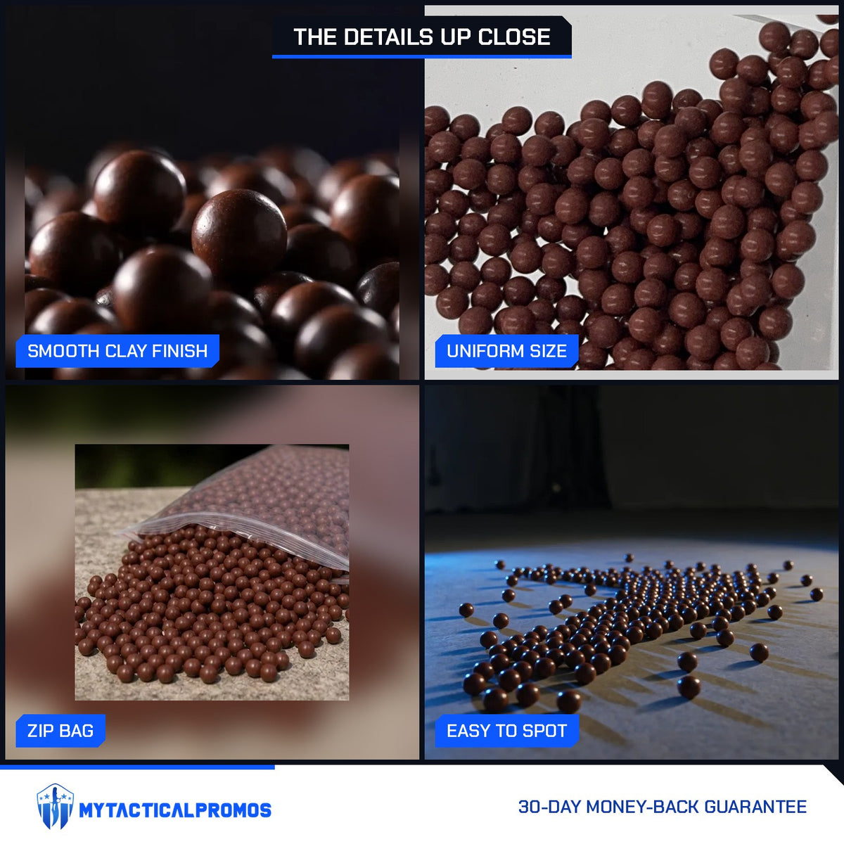 500 Clay Slingshot Beads close-ups: smooth clay finish, uniform size, zip bag, easy to spot