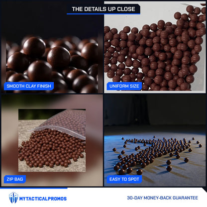 500 Clay Slingshot Beads close-ups: smooth clay finish, uniform size, zip bag, easy to spot