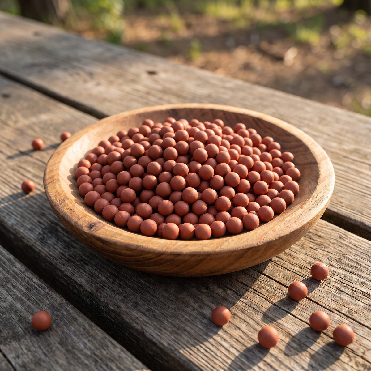 Wooden bowl full of red clay slingshot beads