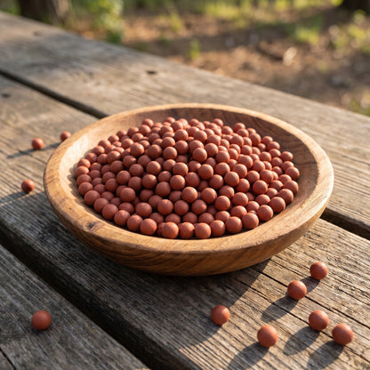 Wooden bowl full of red clay slingshot beads