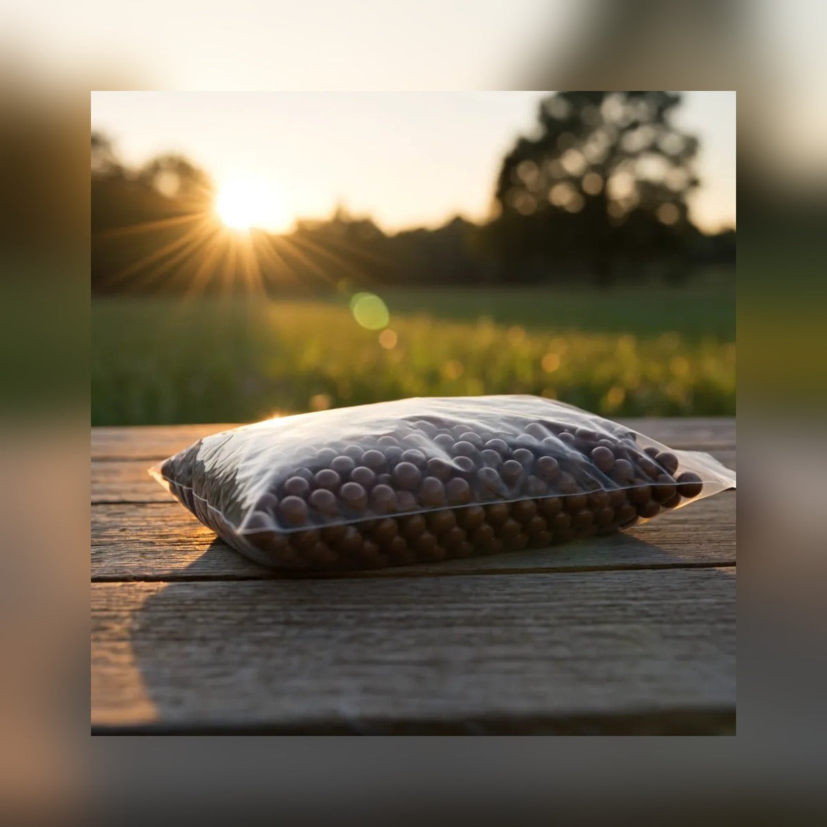 Bag of 500 Clay Slingshot Beads on a wooden rail at sunset