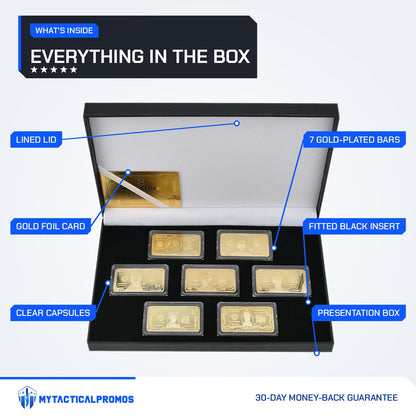 7-piece gold-plated currency bar set labeled: lined lid, gold foil card, clear capsules, 7 bars, fitted insert, presentation box