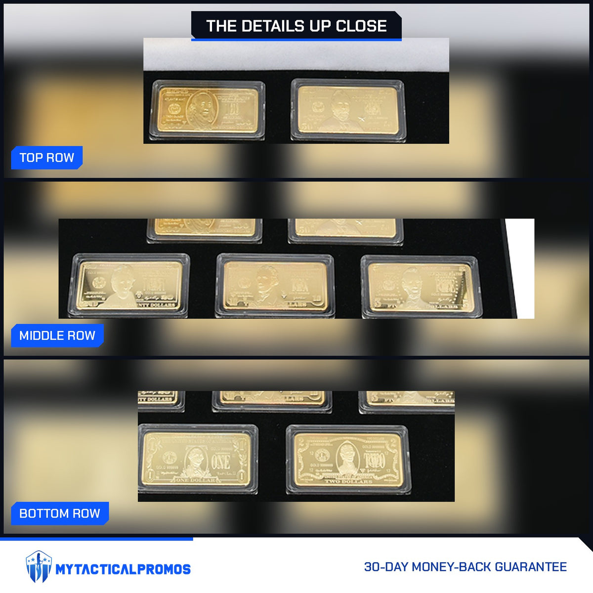 7-piece gold-plated currency bar set close-ups: top, middle and bottom rows of capsuled bars