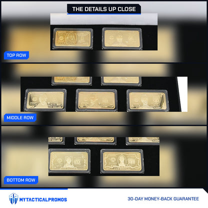 7-piece gold-plated currency bar set close-ups: top, middle and bottom rows of capsuled bars