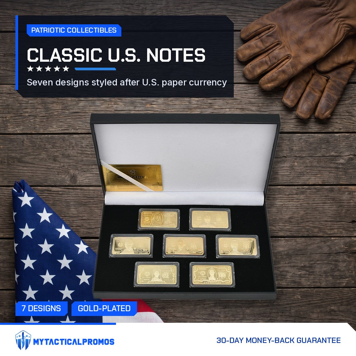 7-piece gold-plated currency bar set on a wooden table beside a folded American flag