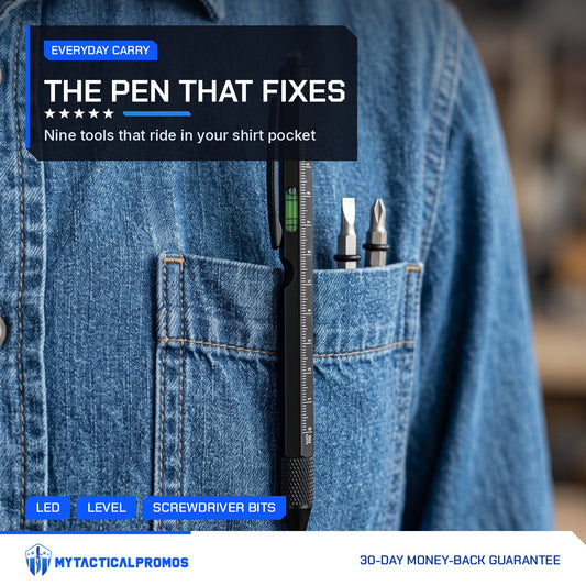 9-in-1 Multi-Tool Pen clipped to a denim shirt pocket with its screwdriver bits