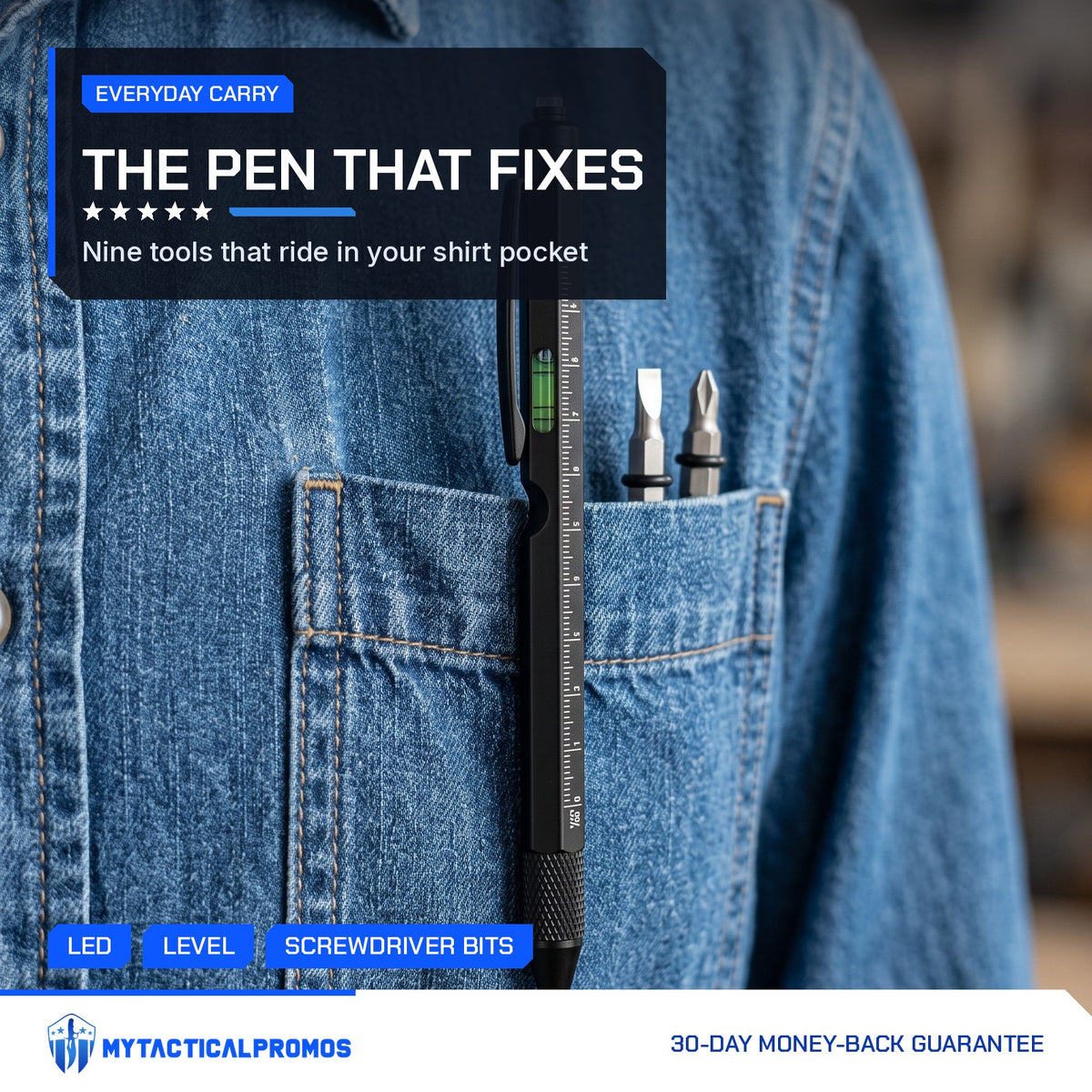 9-in-1 Multi-Tool Pen clipped in a denim shirt pocket with spare bits