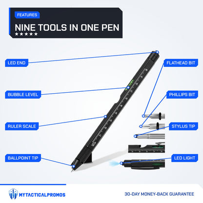 9-in-1 Multi-Tool Pen features labeled: ballpoint tip, ruler scale, bubble level, LED end, flathead bit, Phillips bit, stylus tip, LED light