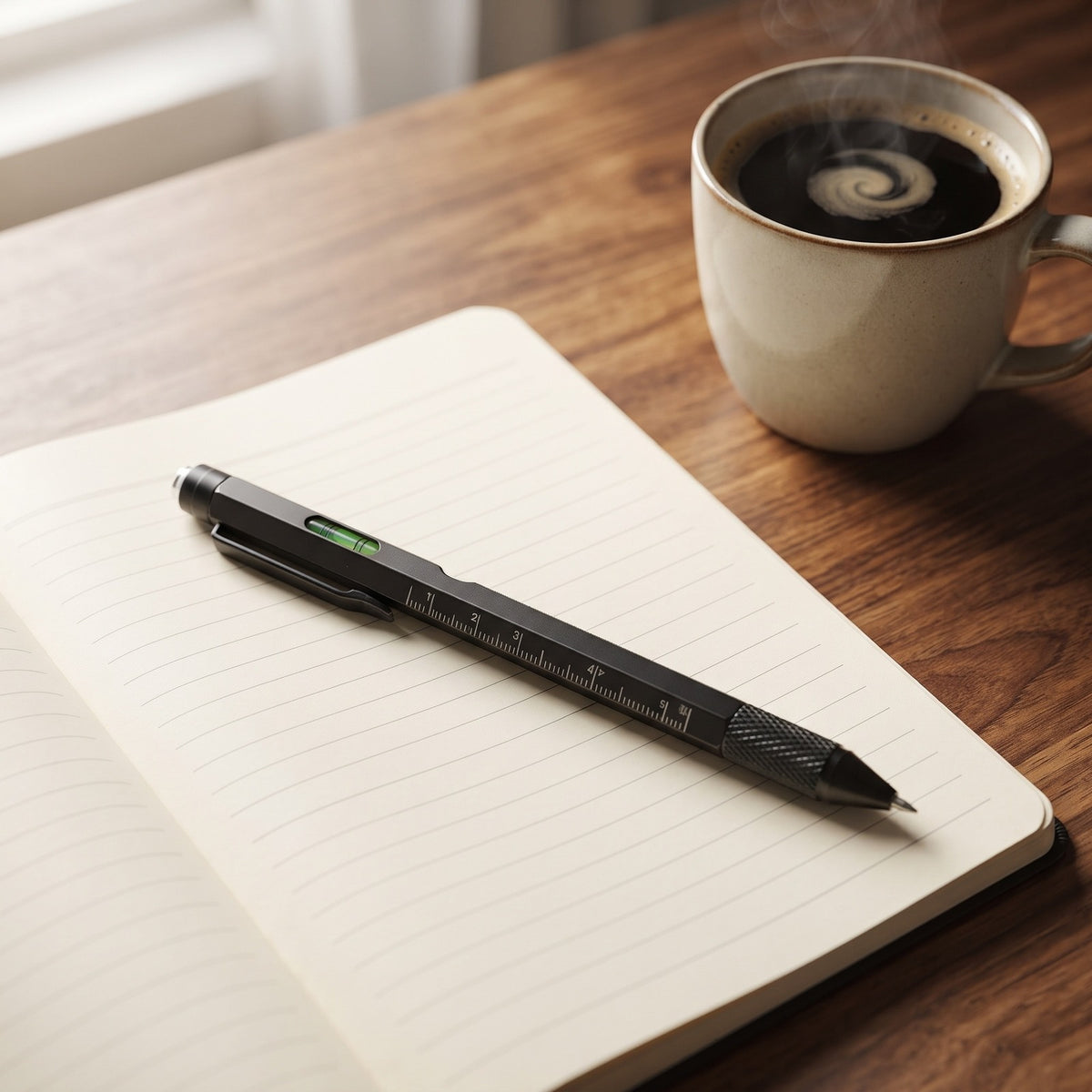 9-in-1 Multi-Tool Pen on an open notebook beside a coffee cup