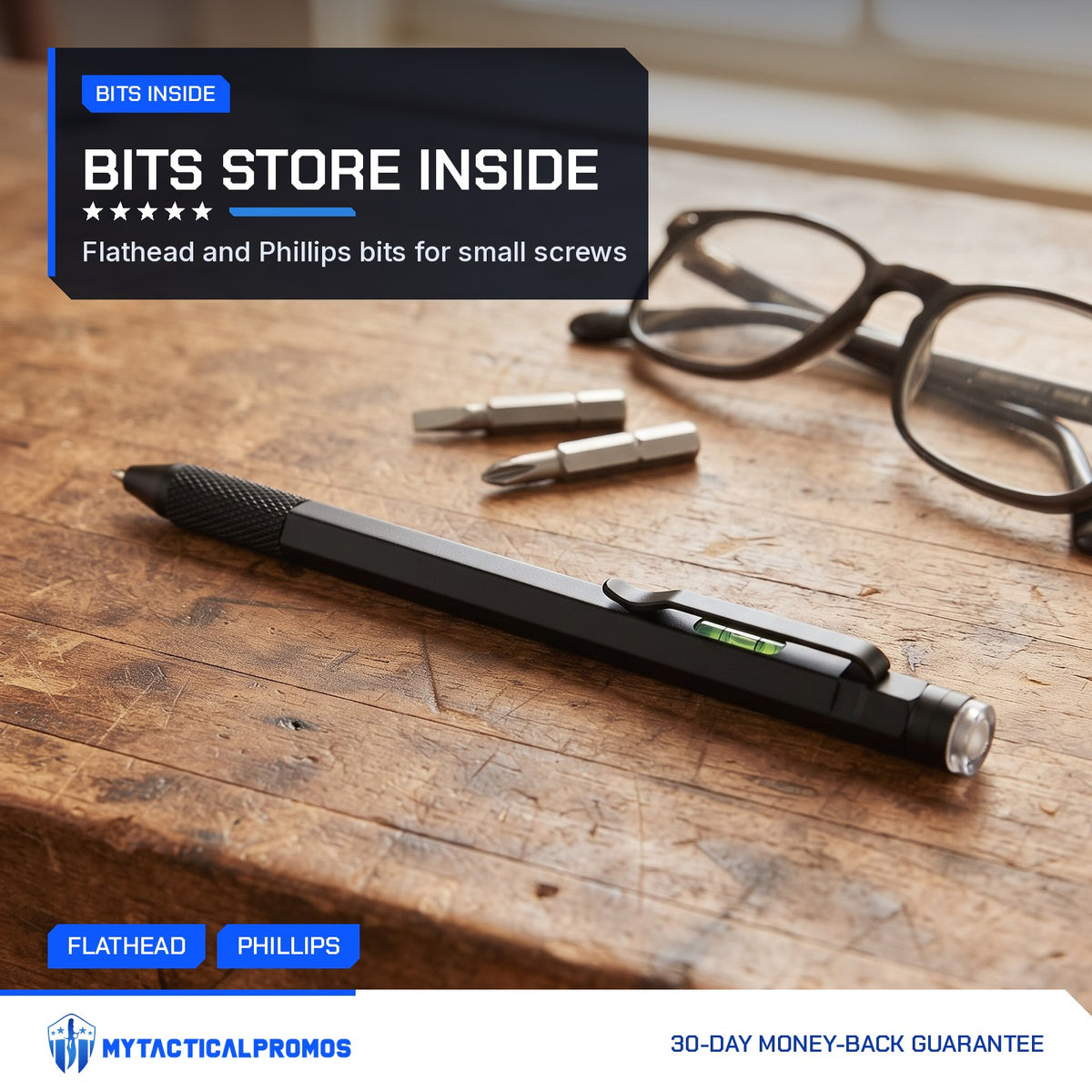 9-in-1 Multi-Tool Pen on a wooden table with its flathead and Phillips bits
