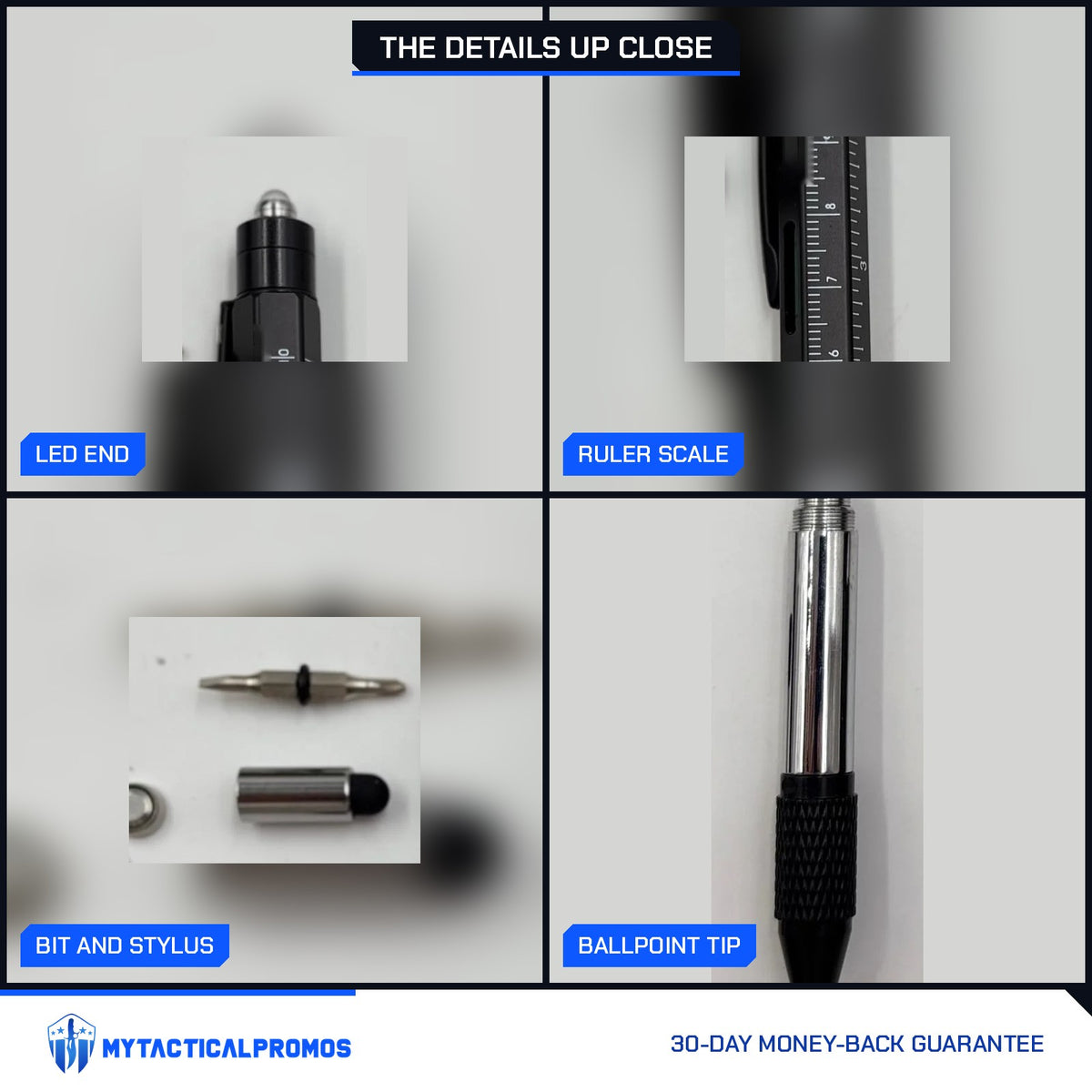 9-in-1 Multi-Tool Pen close-ups: LED end, ruler scale, bit and stylus, ballpoint tip