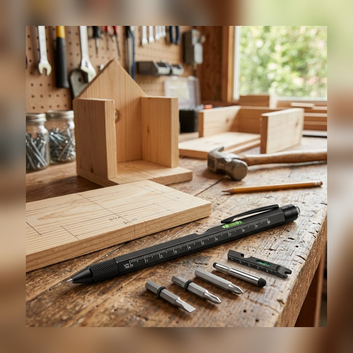 9-in-1 Multi-Tool Pen on a workbench next to a birdhouse project