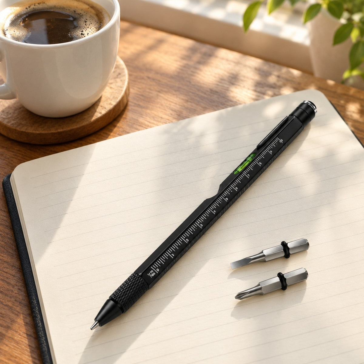 9-in-1 Multi-Tool Pen and spare bits on a lined notebook