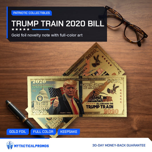 Trump Train 2020 gold foil novelty bills on a wooden desk