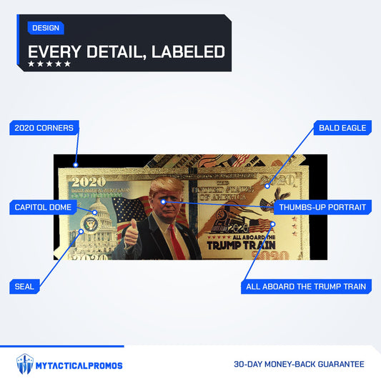 Trump Train 2020 gold foil novelty bill labeled: 2020 corners, Capitol dome, seal, thumbs-up portrait, bald eagle, All Aboard the Trump Train