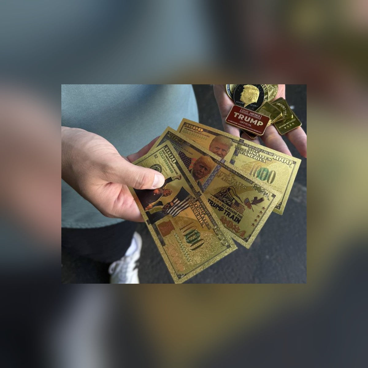 Trump Train 2020 gold foil novelty bills held in hand with other notes and coins, sold separately