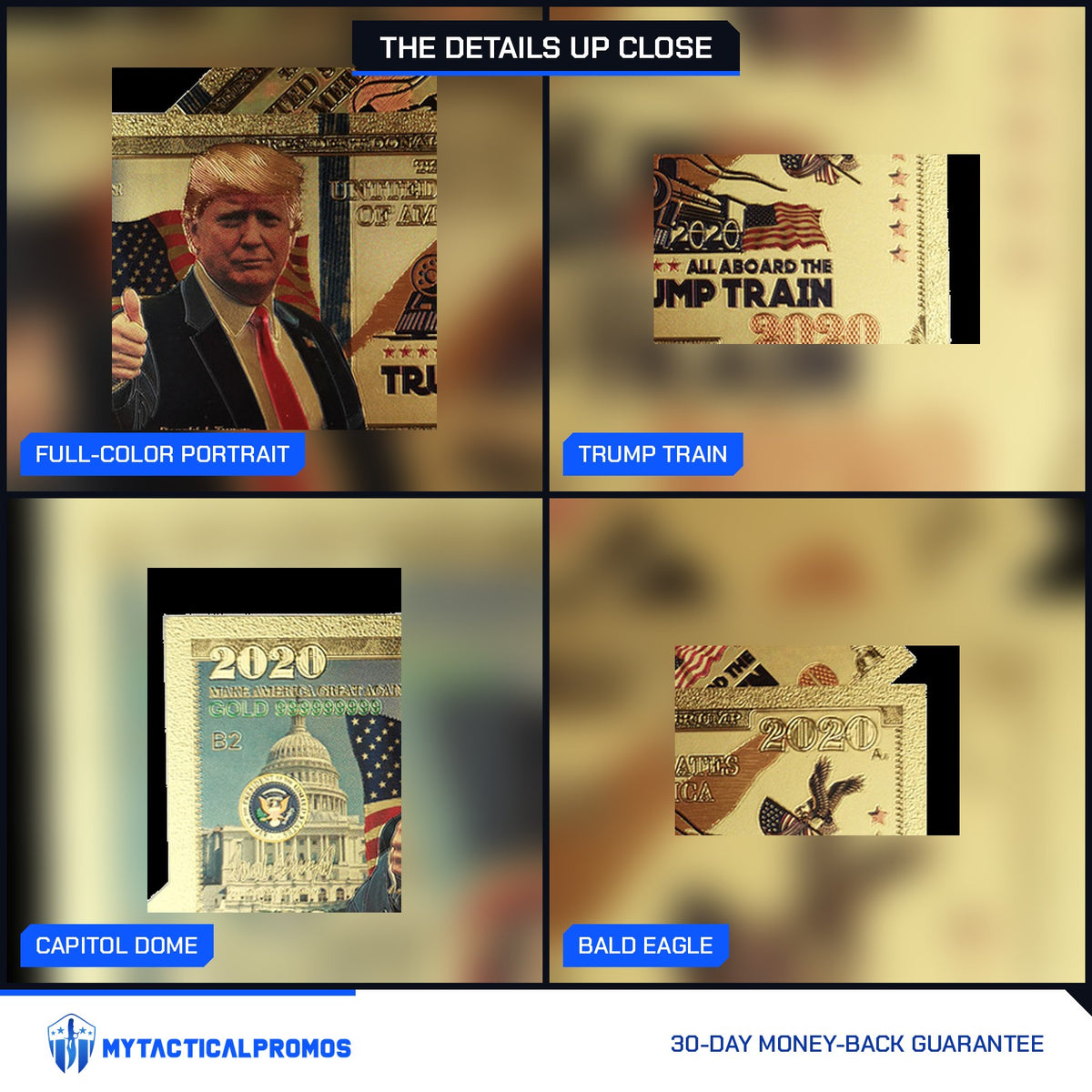 Trump Train 2020 gold foil novelty bill close-ups: full-color portrait, Trump Train, Capitol dome, bald eagle