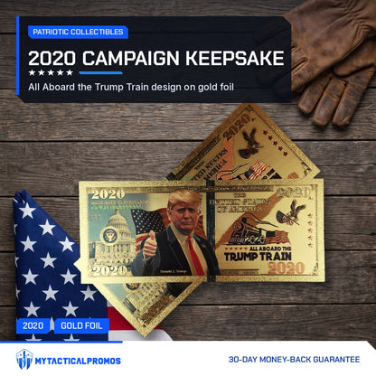 Trump Train 2020 gold foil novelty bills beside a folded American flag