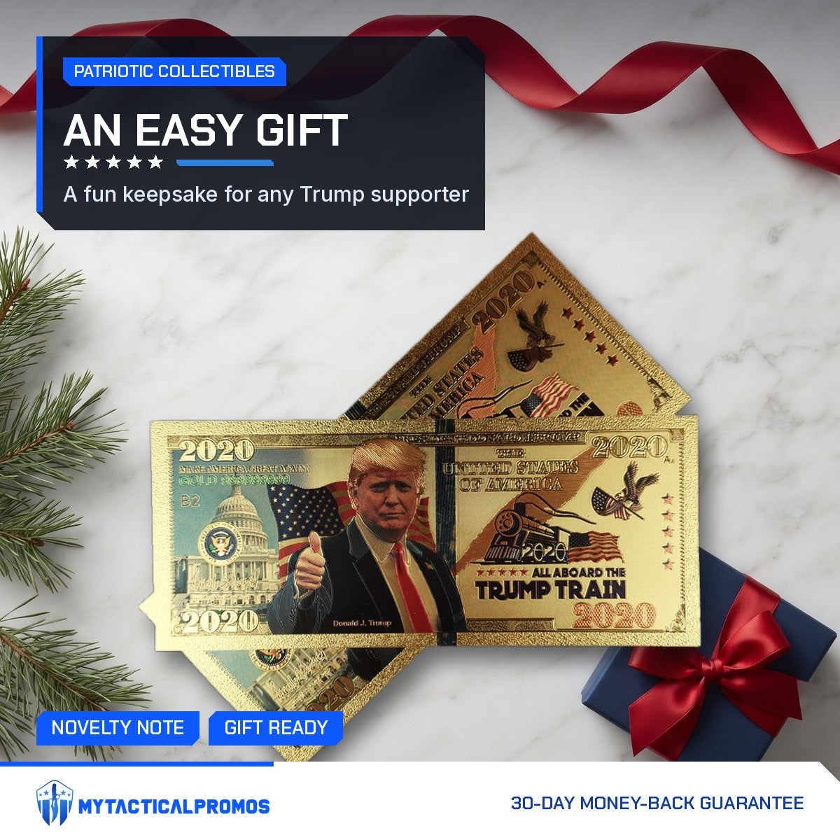 Trump Train 2020 gold foil novelty bills on marble with a gift box