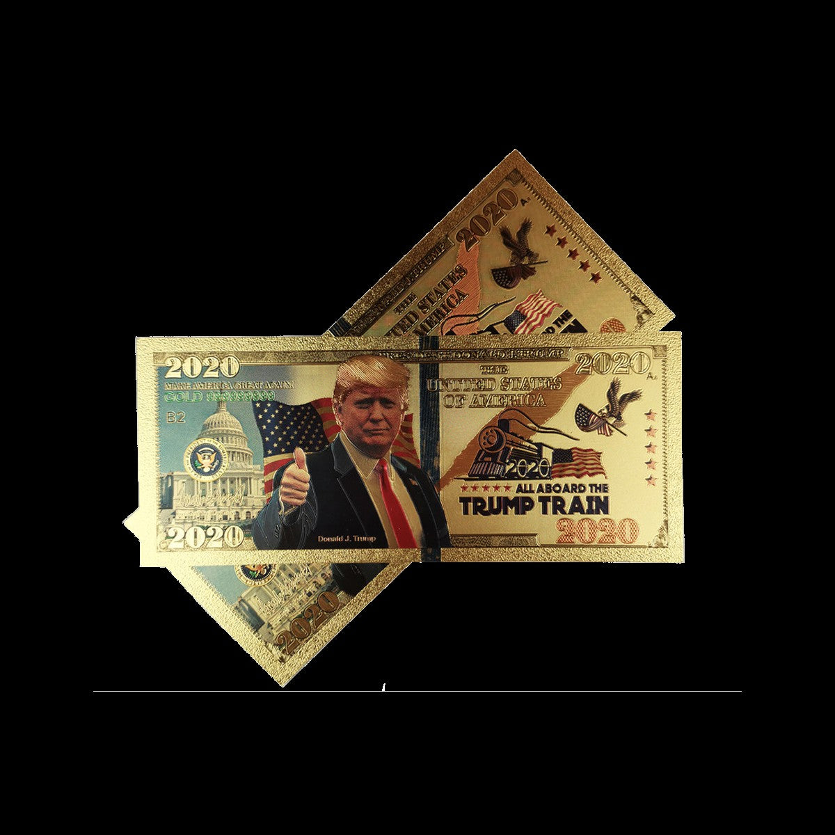 Trump Train 2020 gold foil novelty bill front, with more bills behind, studio shot