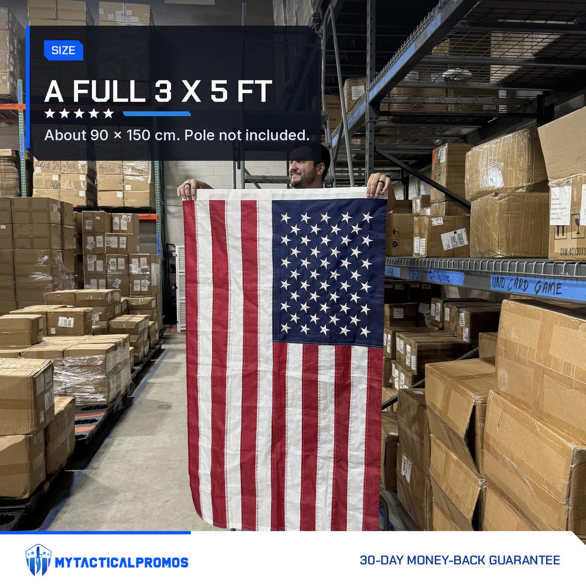 Man holding the American Flag 3x5 ft open to show its full size