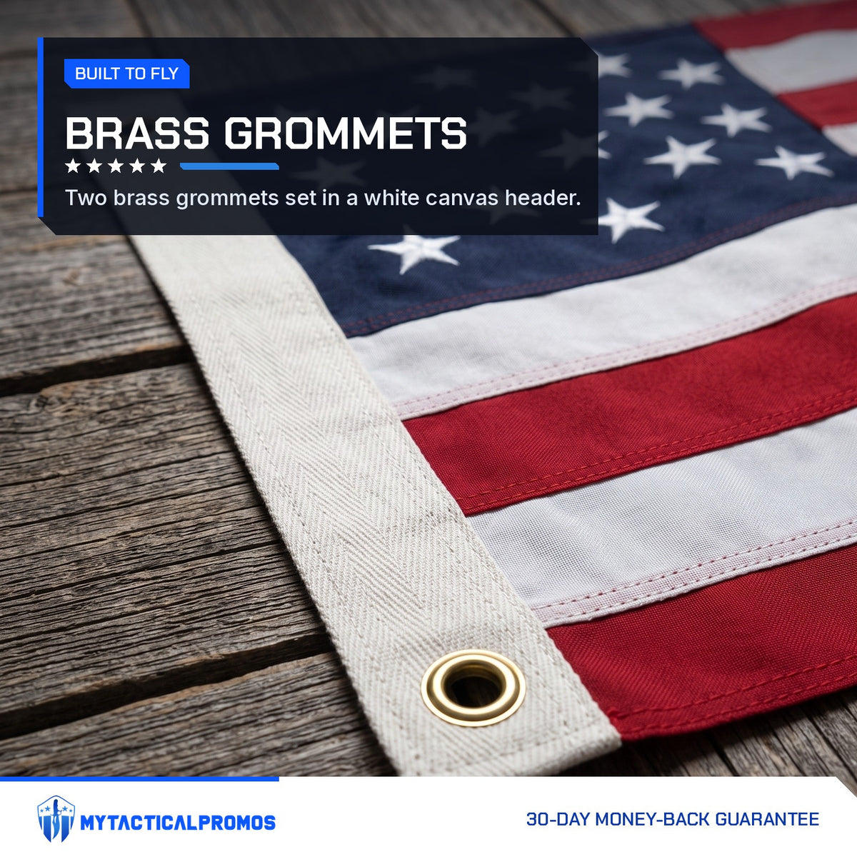 American Flag canvas header with a brass grommet and embroidered stars on a wooden deck