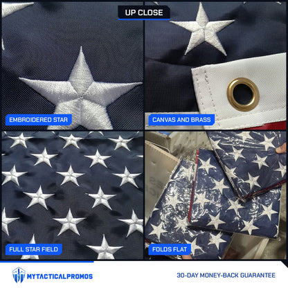American Flag close-ups: embroidered star, brass grommet in the canvas header, embroidered star field, folded flag