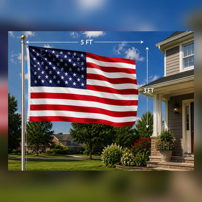 American Flag dimensions: 5 ft wide by 3 ft tall, flying from a pole