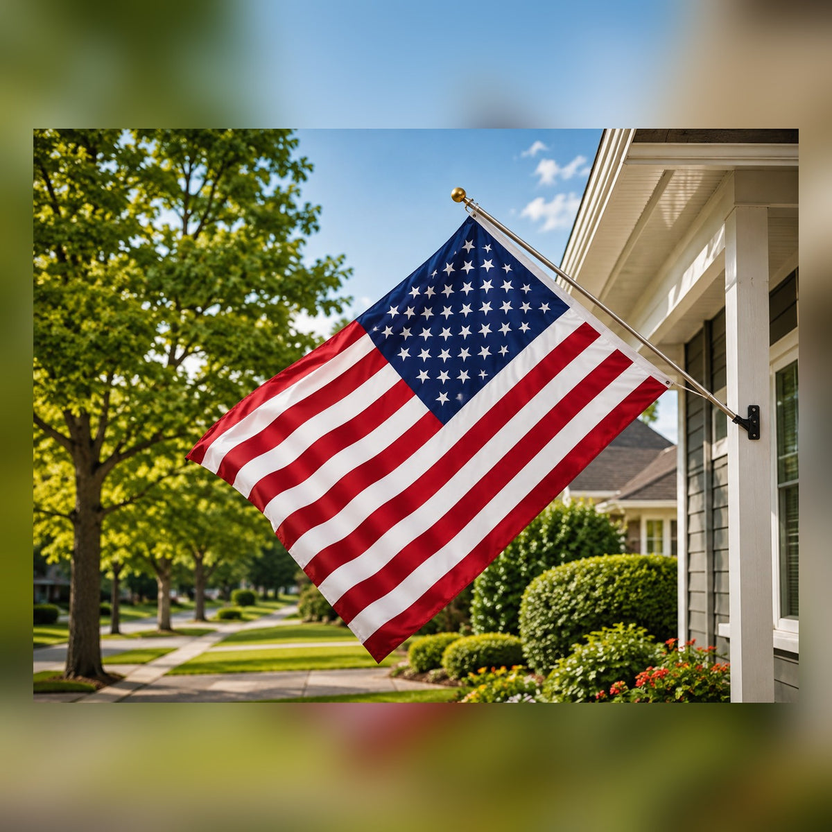 American Flag flying from a porch bracket on a sunny street